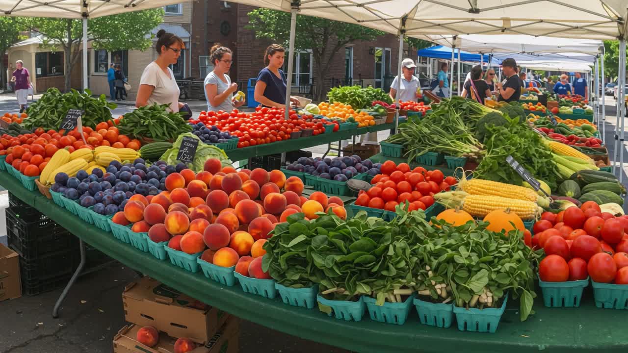 Vibrant Farmers Market with Abundant Fresh Produce and Shoppers