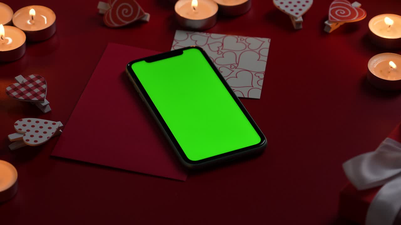 vista superior del teléfono inteligente con pantalla verde llave de croma en la mesa roja con velas encendidas, corazones, valentín y regalo. fondo crepúsculo romántico con luces. día de valentín. cerrar. cámara lenta