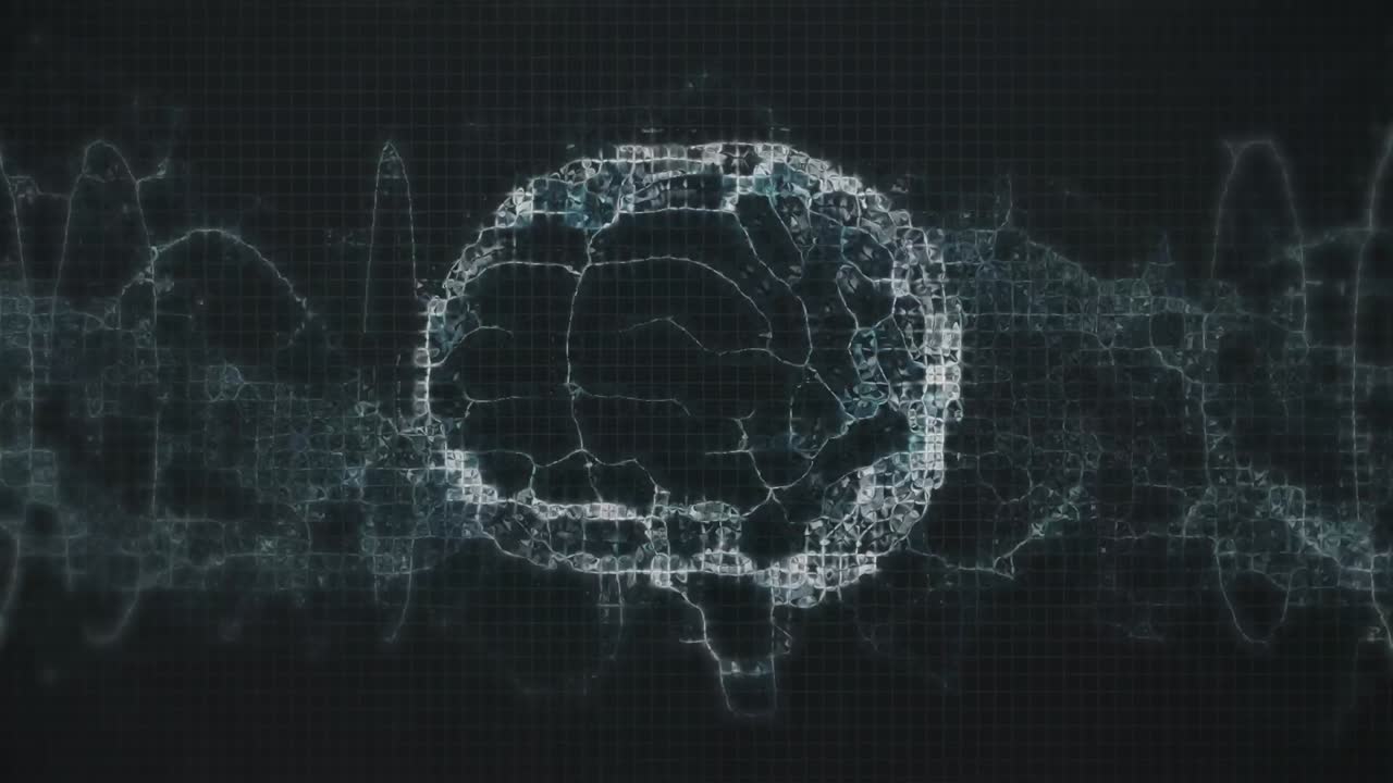 인간의 디지털 뇌를 둘러싼 원의 애니메이션 - 검은 바탕에 dna 나선 위에서