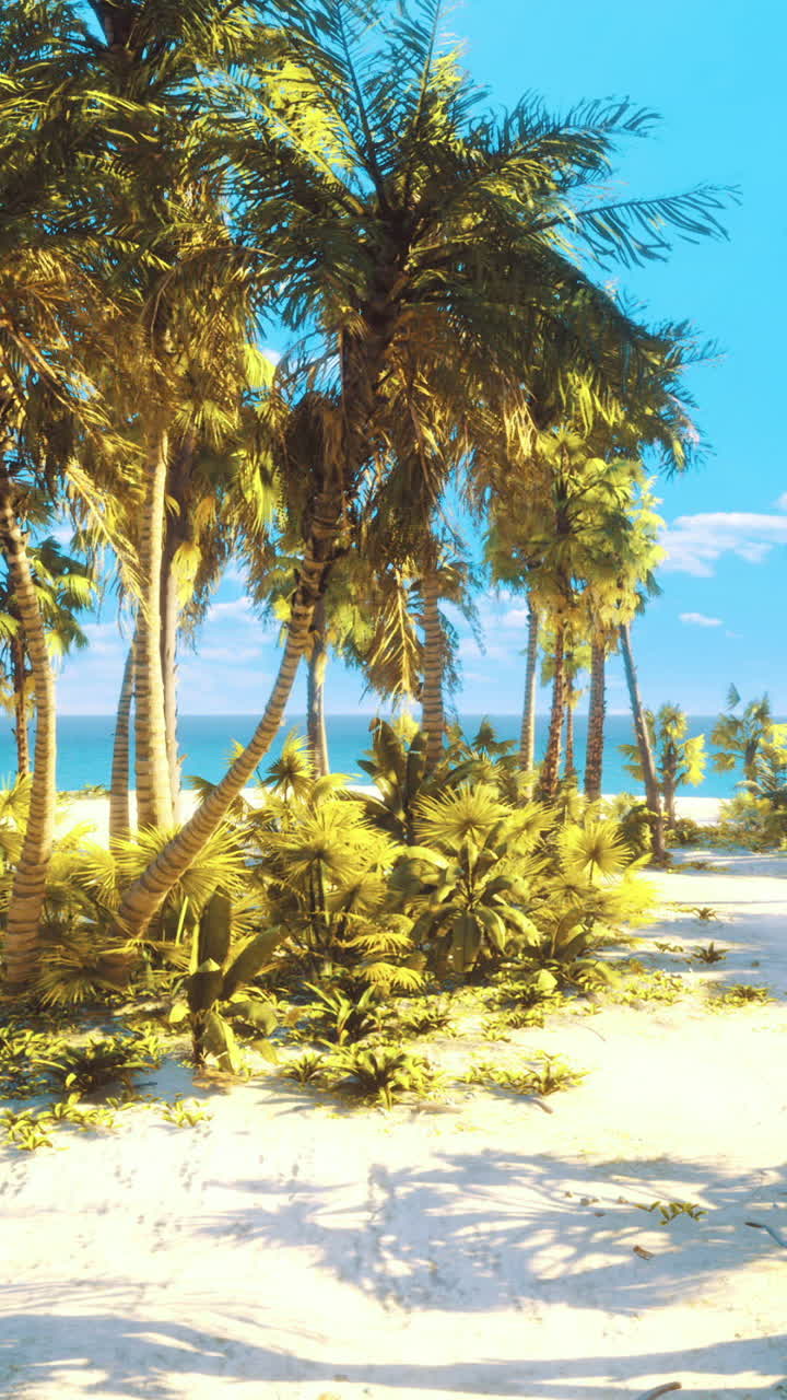 Tropical paradise with palm trees and sandy beach under bright blue sky