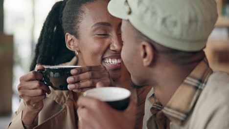 couple, coffee or in love with kiss at restaurant