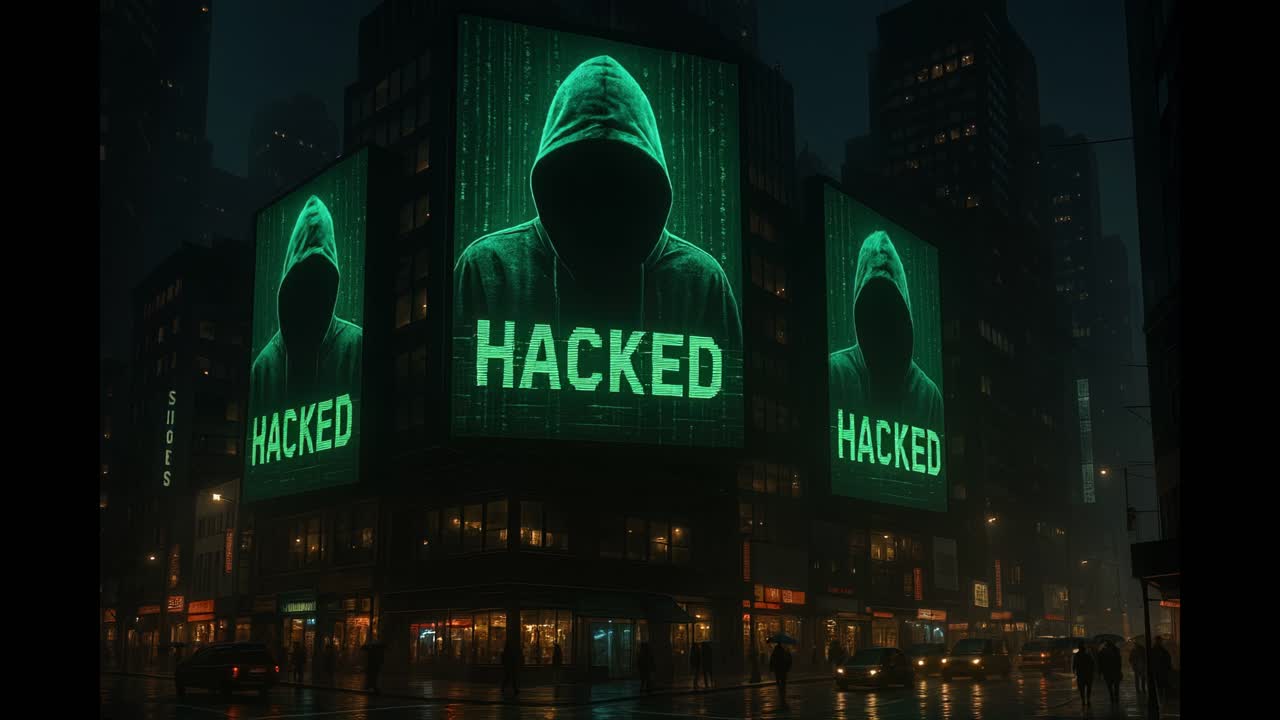 A city shrouded in mystery unfolds under the glow of hacked messages projected on huge screens, all while a gentle rain falls