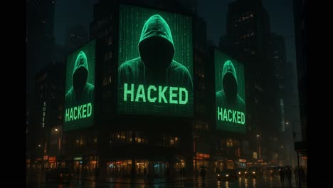 a city shrouded in mystery unfolds under the glow of hacked messages projected on huge screens, all while a gentle rain falls