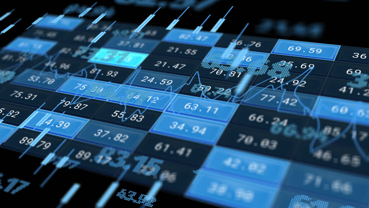 Animation of financial data processing over black background