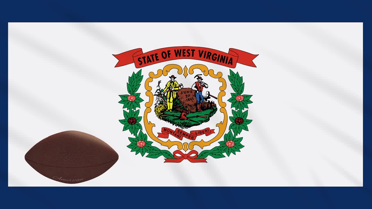 la bandera de virginia occidental agita y la pelota de fútbol americano gira, en bucle