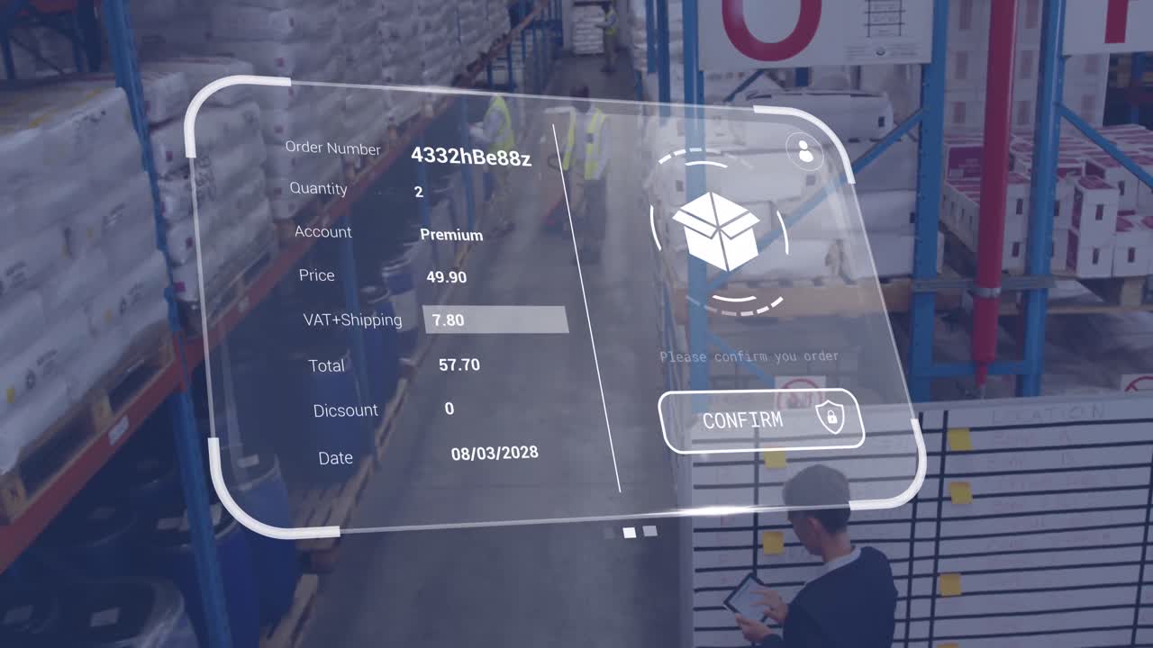 animación de la interfaz digital con iconos y procesamiento de datos sobre diversos trabajadores en el almacén