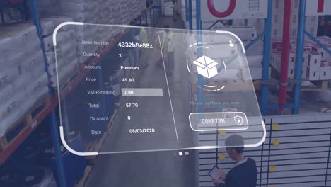 Animation-of-digital-interface-with-icons-and-data-processing-over-diverse-workers-in-warehouse