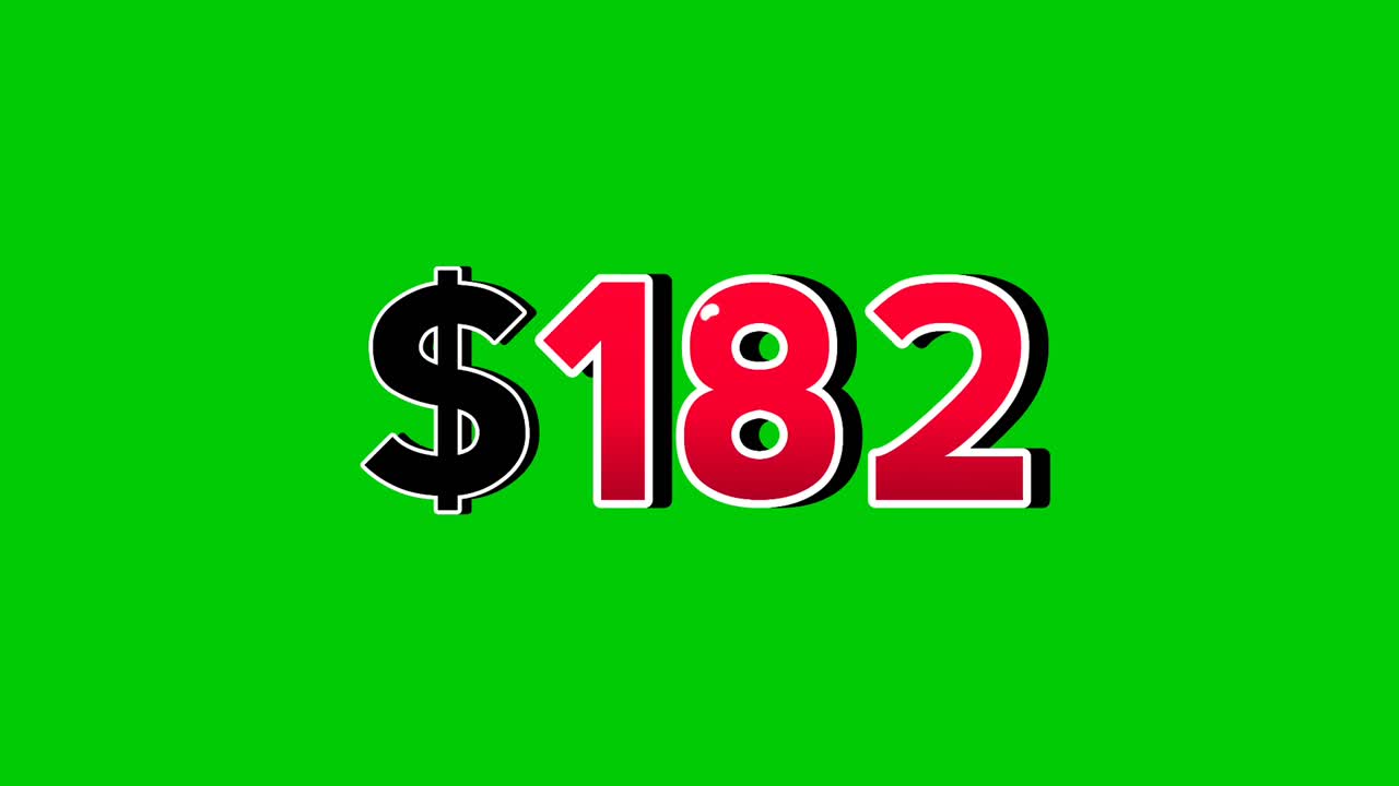 Animation number $182 dollar sign motion graphics with smoke effect green screen background vibrant red numbers. Video 3D effect with shadows for video elements business concept