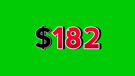 animation number $182 dollar sign motion graphics with smoke effect green screen background vibrant red numbers. video 3d effect with shadows for video elements business concept