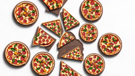 delicious pizza slices with pepperoni, mushroom, and fresh basil on wooden boards