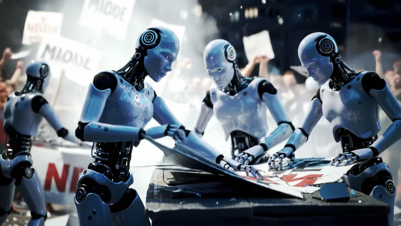 In a futuristic scene, robots gather to collaboratively dismantle a structure while a crowd protests behind them, showcasing the intersection of technology and social activism