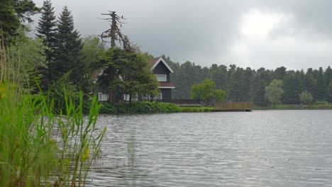 ripples on lake surface in slow motion against a background of lakeside cabin in gölcük, türkiye