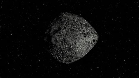 high quality and very detailed cgi render of a smooth flyby shot of the near-earth asteroid 101955 bennu in deep space