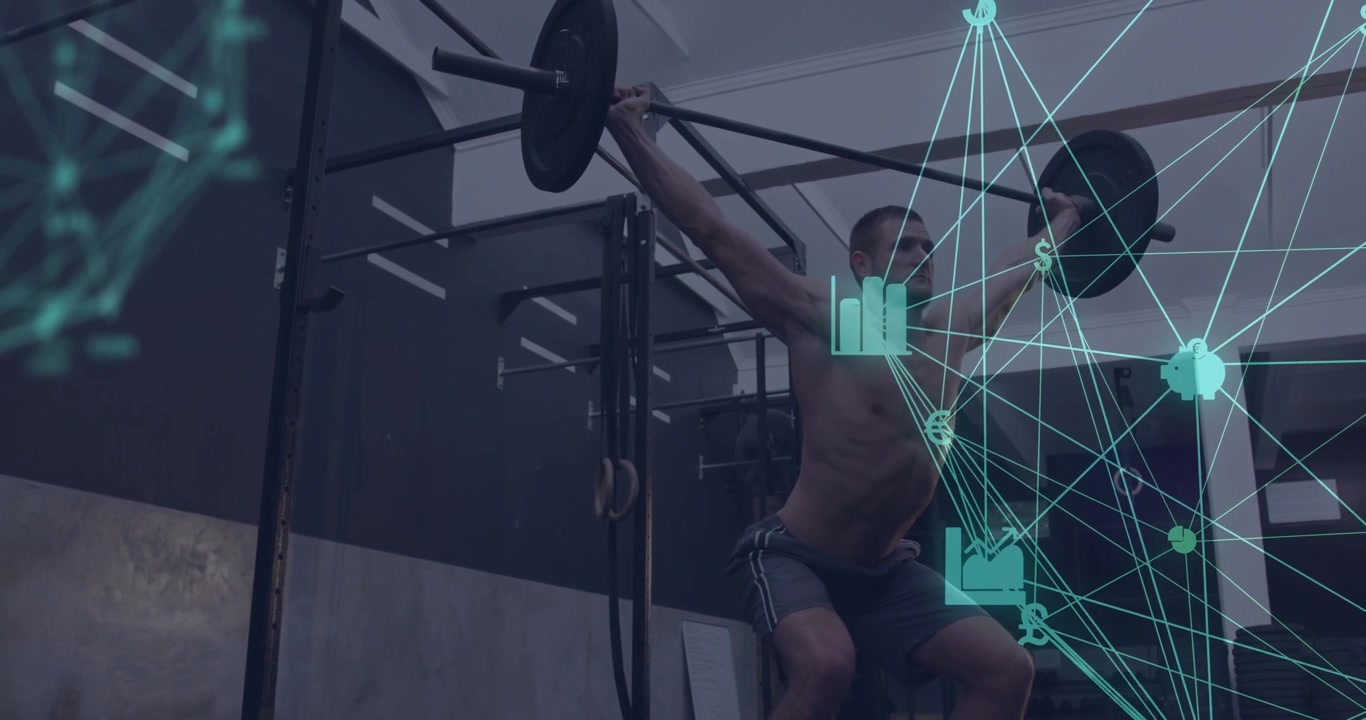Man gripping barbell in gym initiating pulsing fitness data overlay while performing snatch lift