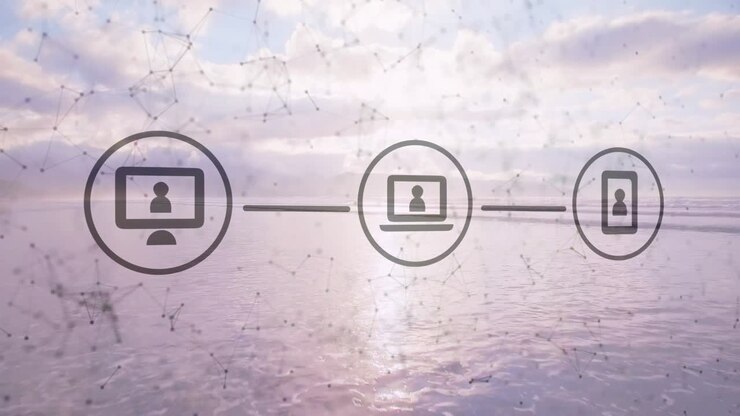 Starting with desktop icon at sunrise lines linking laptop and smartphone, visualizing network