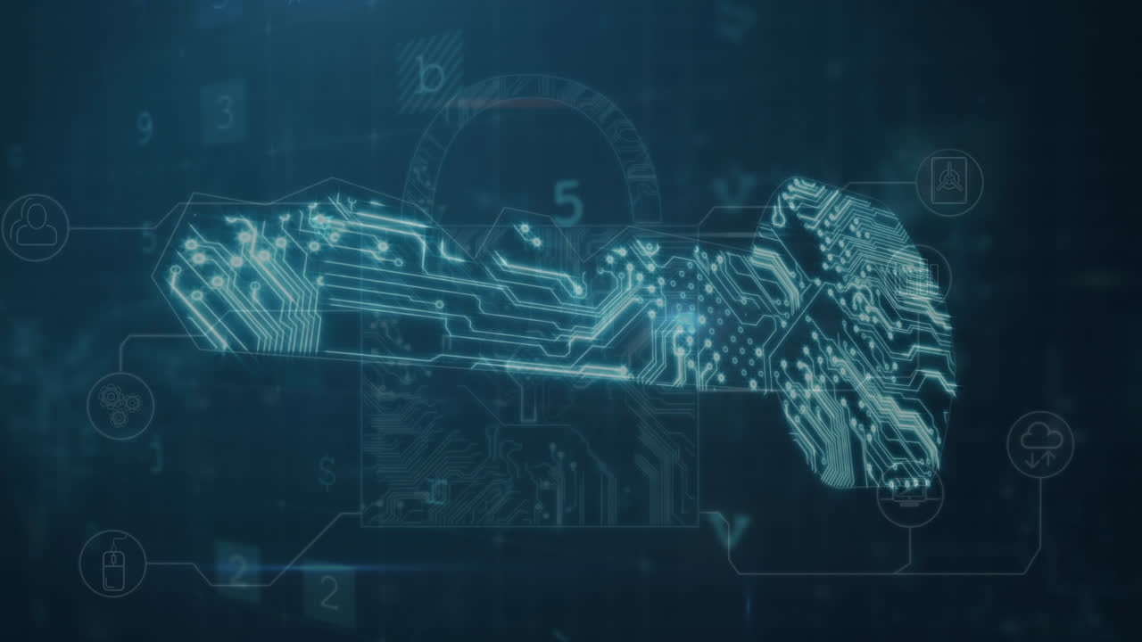 어두운 배경에서 보안 잠금, 열 및 데이터 처리의 애니메이션