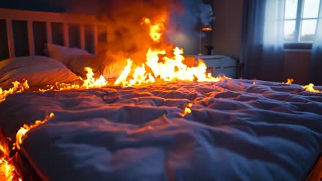 a bed on fire in a bedroom with a bed in the middle of it