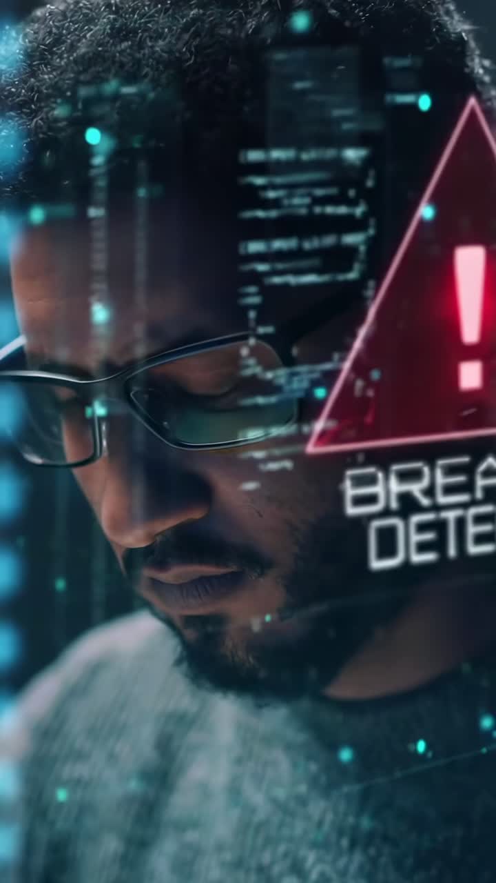 Side angle of a person coding on a laptop with digital overlays, creating a tech video vibe
