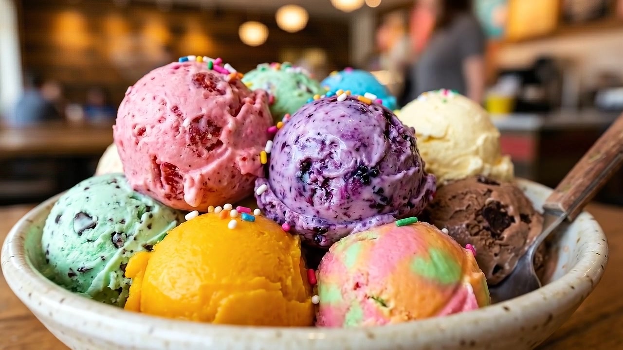 Huge Colorful Multi Flavor Gelato Ice Cream Bowl Served on Café Table Counter