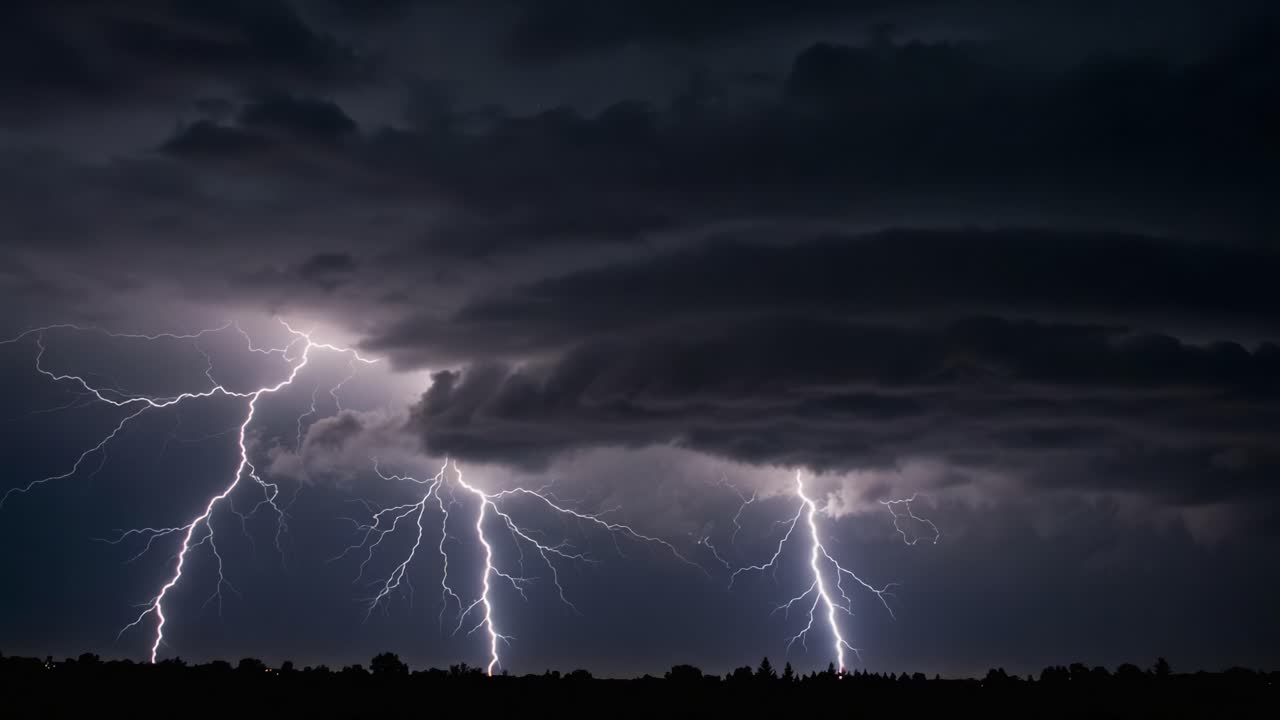 An Intense Thunderstorm with Dramatic Lightning Strikes Illuminating the Dark Sky against a Backdrop of Ominous Clouds