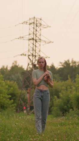 joven caminando por un camino de hierba, con el cabello hacia adelante con las manos en la cabeza, cables eléctricos que se extienden por encima, rodeados de exuberante vegetación