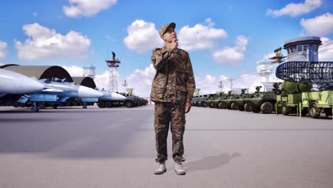 full body of asian man soldier thinking about something and looking around while standing at military camp