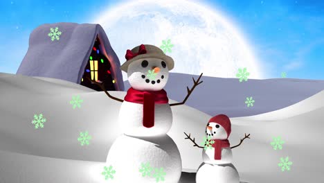 Animation-of-snow-falling-and-snowman-at-christmas-over-house