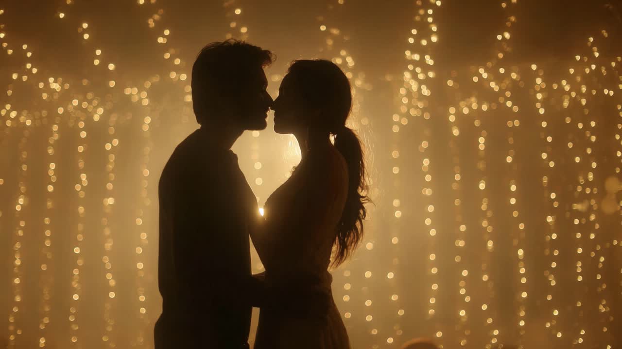 A Romantic Moment: A Couple Embraces in Silhouette Against a Backdrop of Soft Glowing Lights, Capturing the Essence of Love and Intimacy