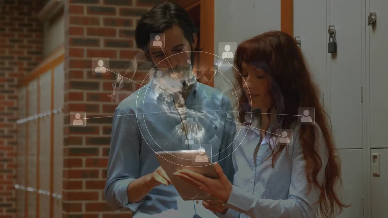 animación de la red de conexiones con las personas iconos sobre los estudiantes