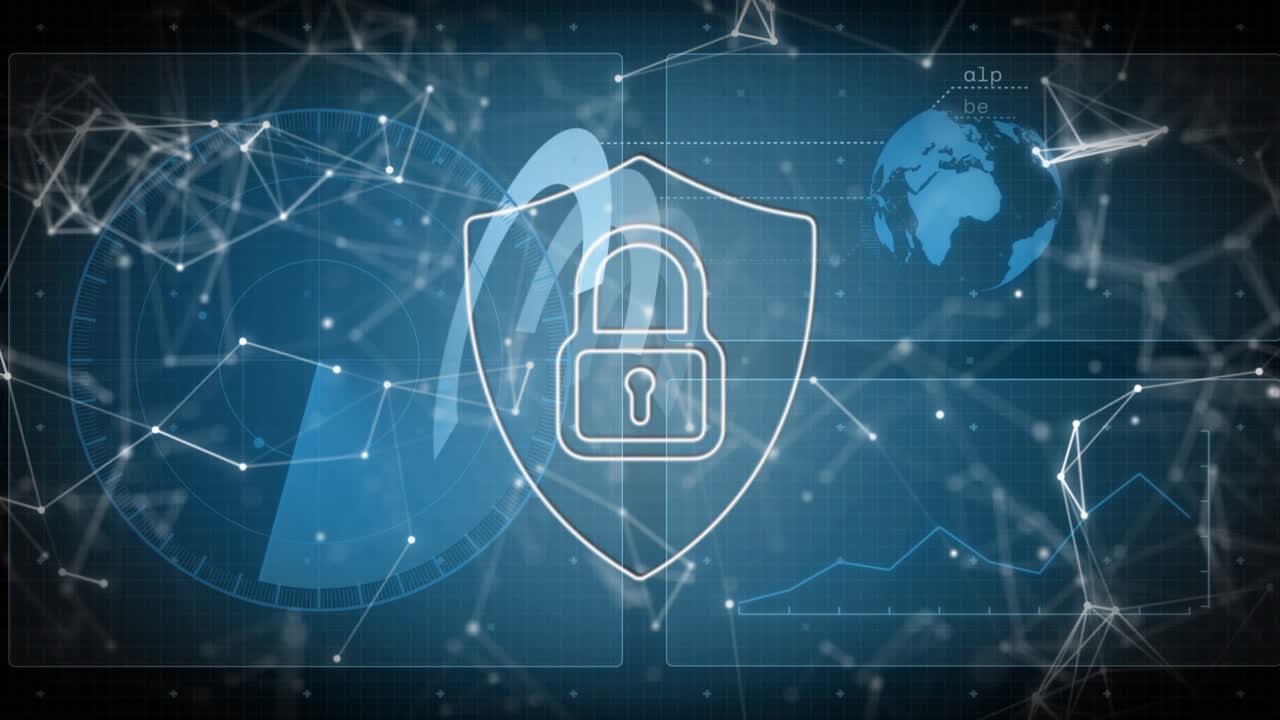Node mesh forming, starting shield lock centering, globe fading, chart rising, showing security