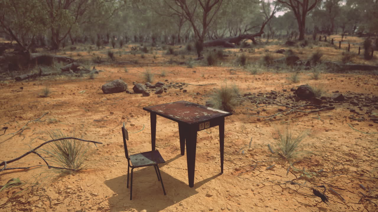 Deserted table and chair in arid land evokes feelings of solitude and quiet