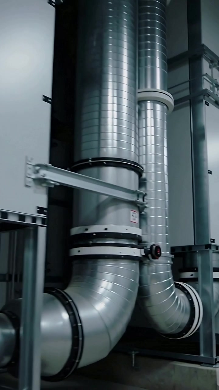 Vertical video: Panning camera over HVAC unit in plant, exposing mesh filter and ducts for service