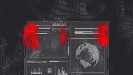 red handprints and global data processing animation over digital interface