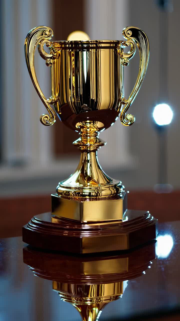 Video ravvicinato di un trofeo d'oro lucido su una base di legno, ripreso da un'angolazione bassa.