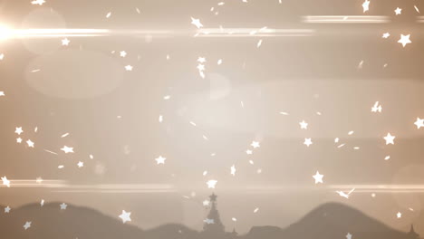 animation of christmas stars falling over christmas decorations on brown background