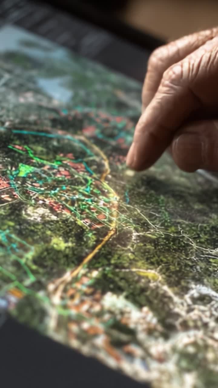 A Close-Up Perspective of a Hand Gently Touching a Detailed Topographic Map Representing Geography and Terrain Features Enthusiastically Explored