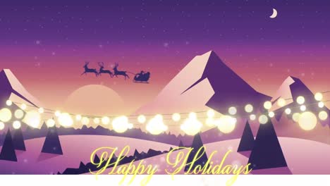 animation of happy holidays text with santa claus in sleigh being pulled by reindeers