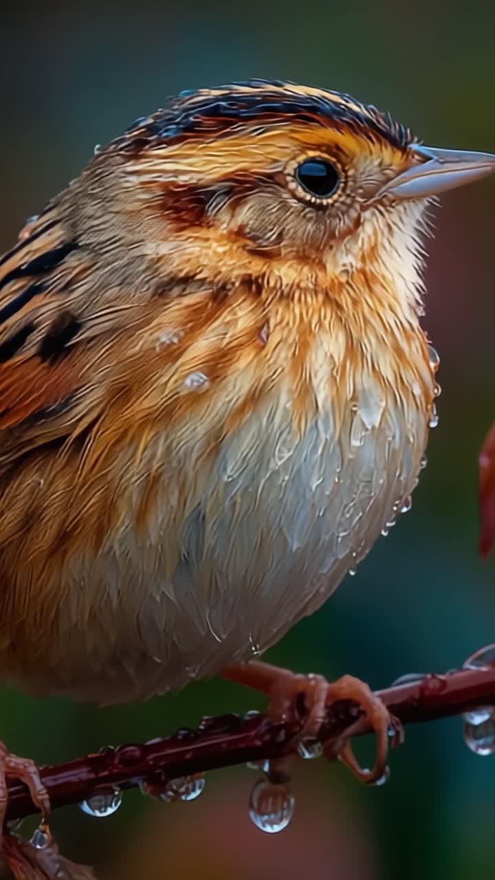 Captivating Close-Up of a Raindrop-Adorned Bird Perched Poised on a Branch, Showcasing Striking Feathers and Nature's Beauty Amidst a Colorful Background