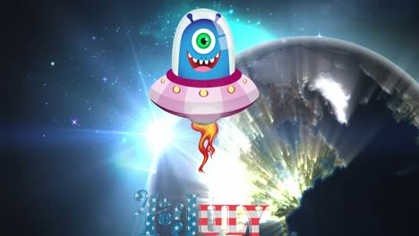 animation of 4th of july text over smiling alien and earth in background