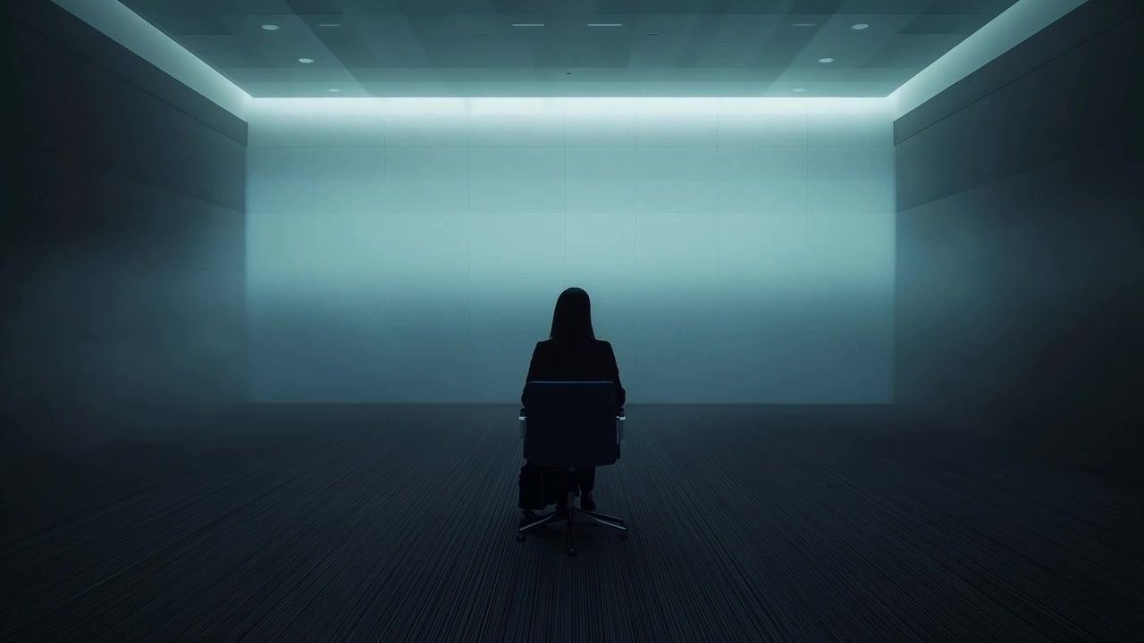 Shifting woman in dark clothes on chair turning right as light strip brightening in sparse room