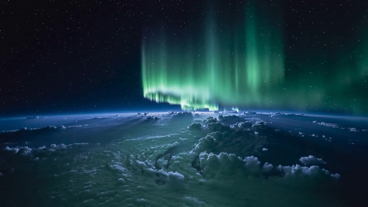 Mostrando l'inizio di tende aurorali verdi che si sviluppano in pilastri sopra le nuvole di notte, con le stelle.
