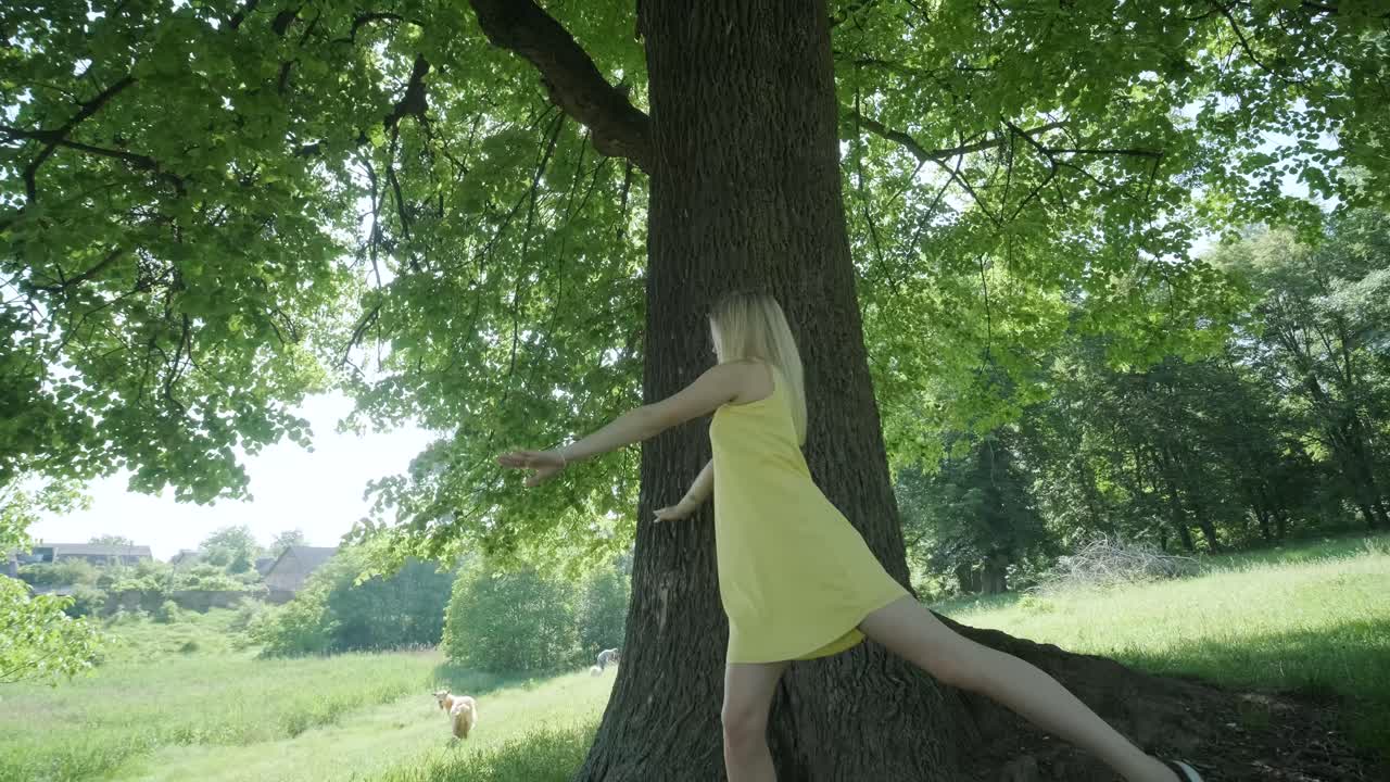 여름 공원에서 나무 에서 춤을 추는 노란색 드레스를 입은 여자