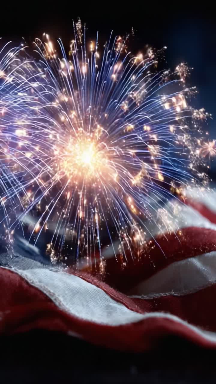 Celebratory Fireworks Illuminate the Night Sky Above the Draped American Flag, Symbolizing National Pride and Festivity in a Dazzling Display of Colors and Light