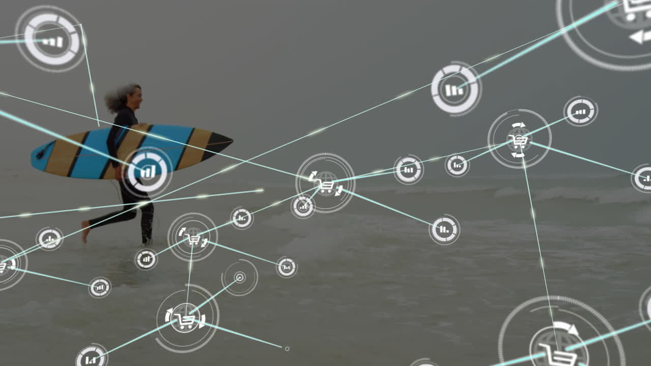 surfista corriendo con la junta sobre conexiones de red y animación de procesamiento de datos