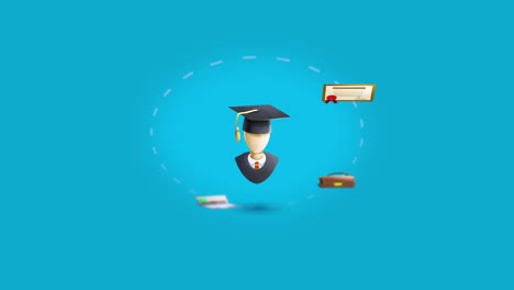 graduation and education elements icon animation moving around a figure with a mortarboard, graduation - diploma, earth, laptop, bag and certificate on a light blue background