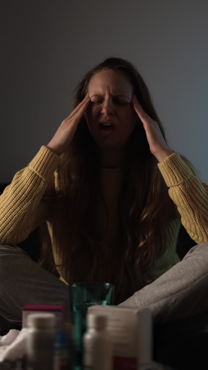 Una donna con l'influenza stagionale tossisce e si tiene la testa con entrambe le mani, mostrando disagio, circondata da medicine e fazzoletti in un ambiente domestico.