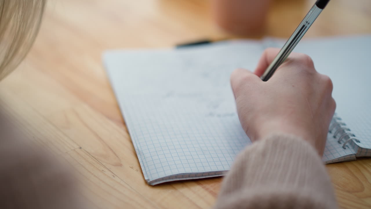 Close-up of hand writing on notebook with blurred background, showcasing the process of writing and focus, pen in hand, creating thoughtful words, surrounded by soft lighting and creative environment