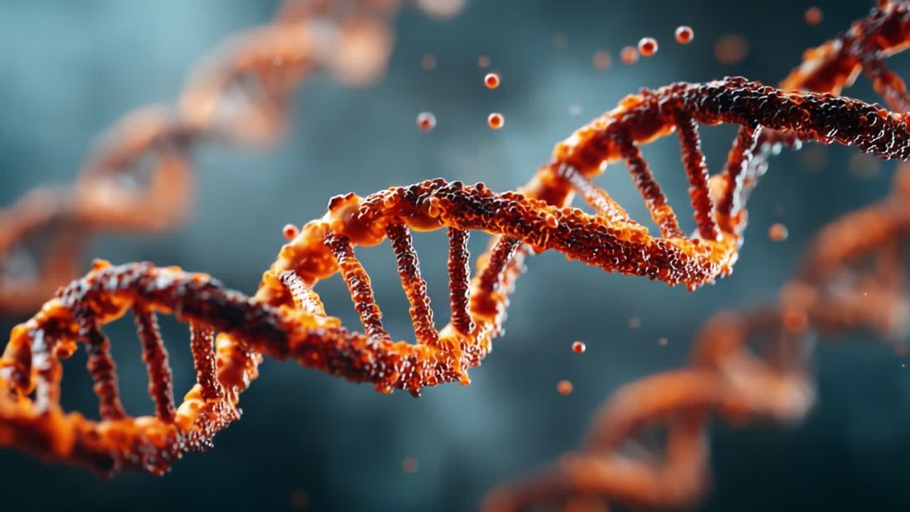 Captivating Close-Up of Double Helix Structure With Detailed Textures and Vibrant Orange Colors on a Softly Blurred Background Emphasizing Genetic Information and Complexity