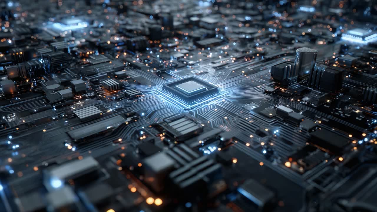 A Close-Up View of a Circuit Board: Intricate Patterns and Bright Lights Illuminating the Complex Technology of a Microchip and Its Surroundings