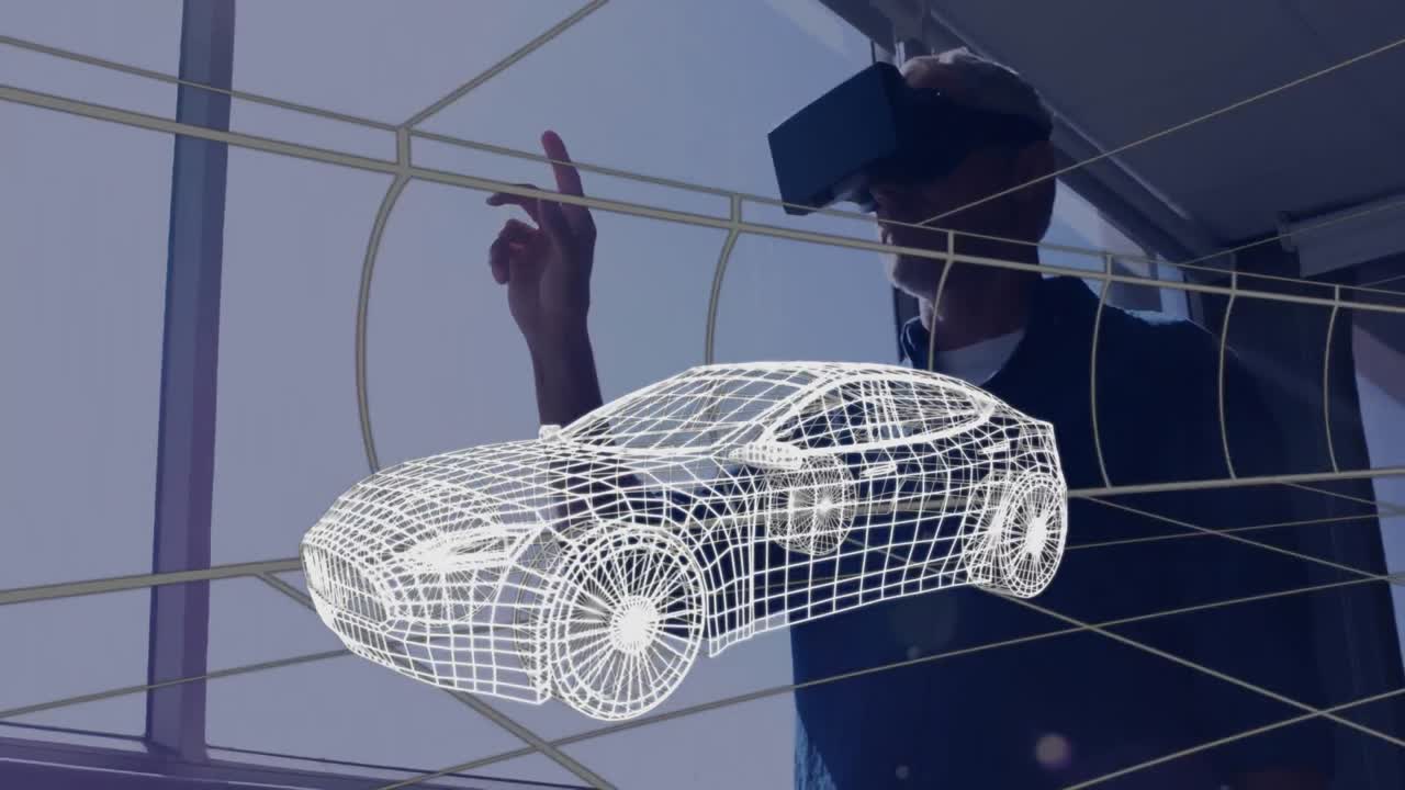 modelo de coche 3d sobre túnel digital contra el hombre que usa auriculares vr en la oficina